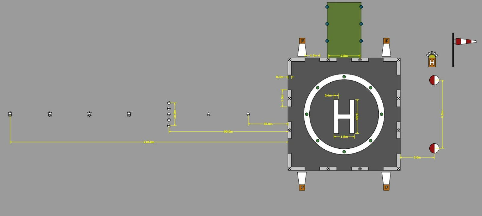 Heliport lighting system with TLOF, FATO, floodlights, allignment, approach, APAPI and TAXI